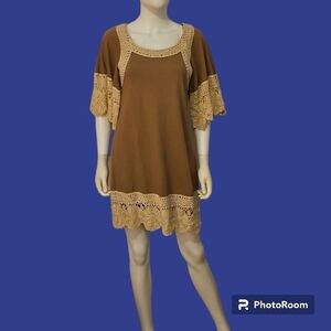 JUDITH MARCH Brown Crochet Metallic Lace Trim Boho Mini Dress